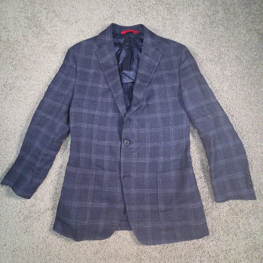 Samuelsohn Wool Linen Blazer 40R Blue Plaid Altered Fits Like 36 S Windowpane